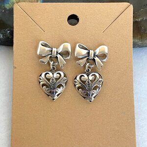 VTG Sterling Silver 925 1" Pierced Scrollwork Heart Dangle Bow Stud Earrings